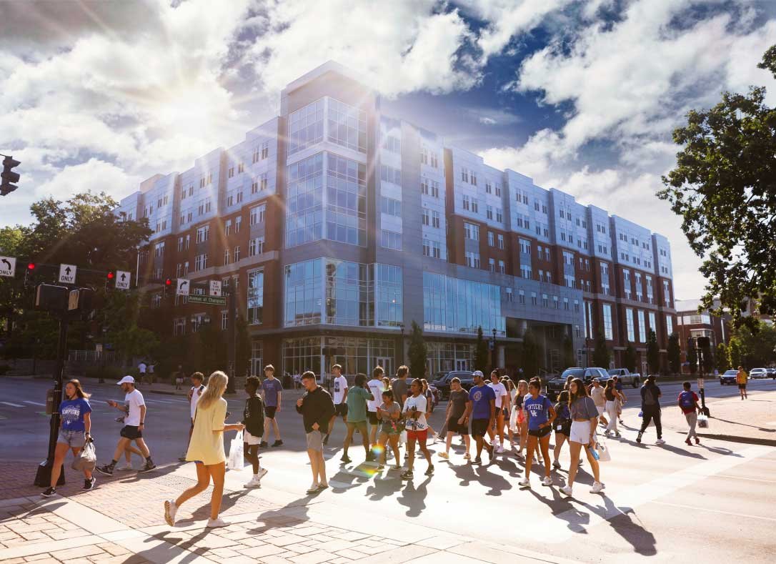 beautiful modern building and street filled with students
